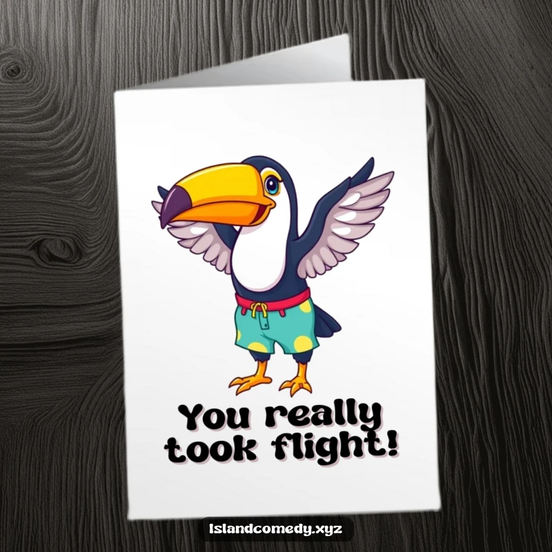 Funny Free Printable Congratulations Card of a happy toucan in beach shorts flapping its wings, celebrating achievement.