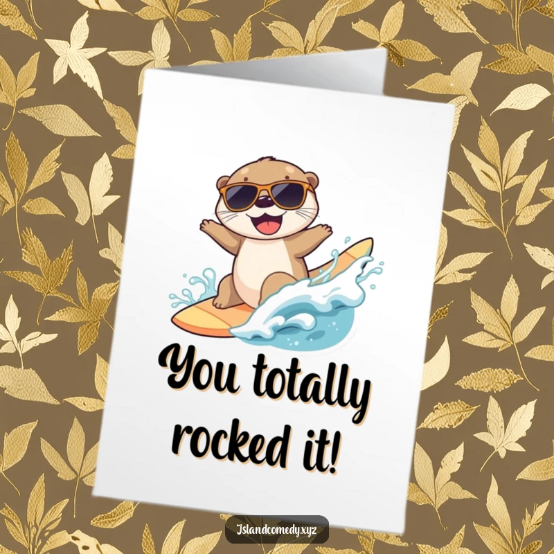 Funny Free Printable Congratulations Card with a sunglasses-wearing otter joyfully surfing a big wave, celebrating success.