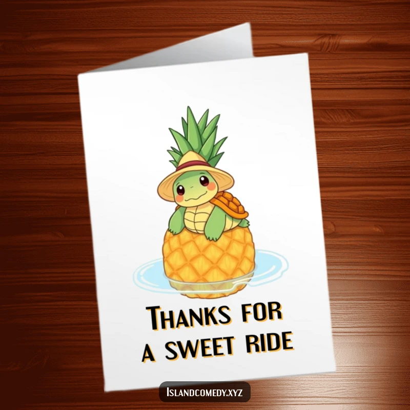 Funny Free Printable Thank You Card featuring a content turtle in a straw hat floating on a pineapple, expressing gratitude calmly.