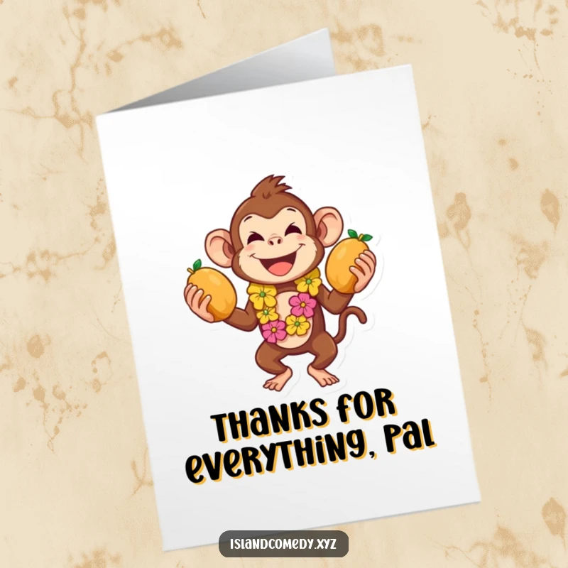 Funny Free Printable Thank You Card featuring a playful monkey in a lei juggling coconuts, offering thanks with energy.