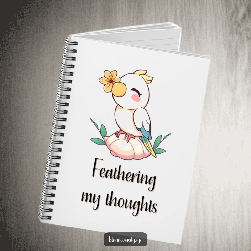 Funny parrot with a flower, giggling on a seashell, a stylish and hilarious notebook for everyday use.