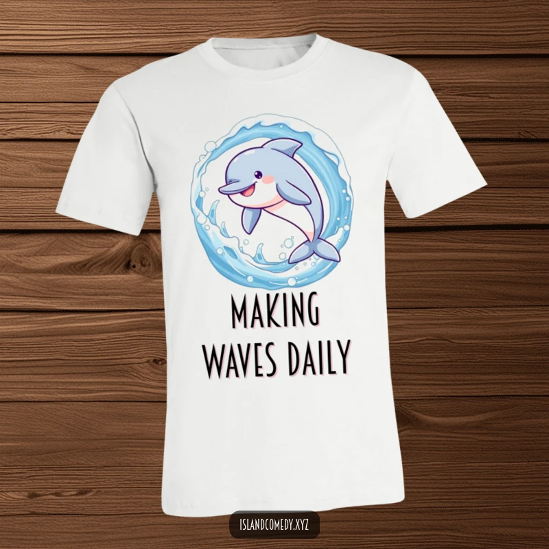 Funny dolphin mid-leap through a cresting, sparkling wave, conveying pure joy and energy on a t-shirt.