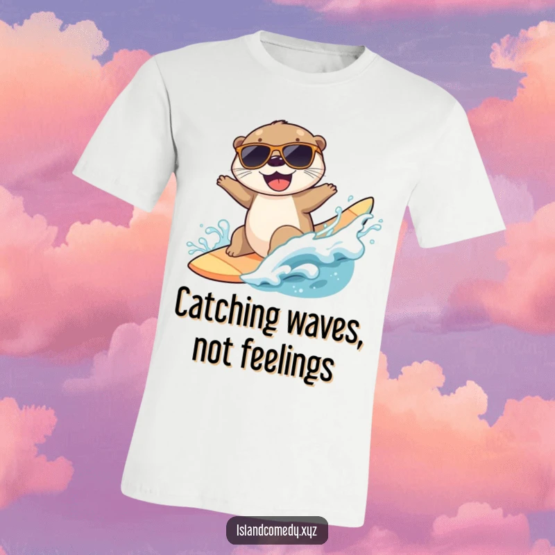 Funny t-shirt of a joyful otter wearing sunglasses while surfing a big wave, perfect for beach lovers.