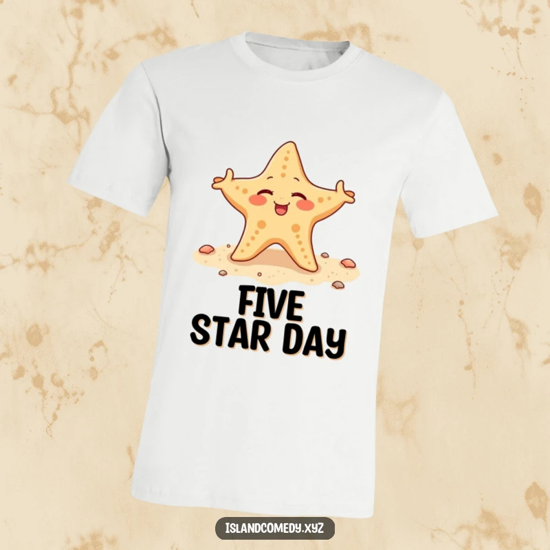 Funny starfish winking and wiggling its arms on a sandy shore, a humorous and comfortable t-shirt design.