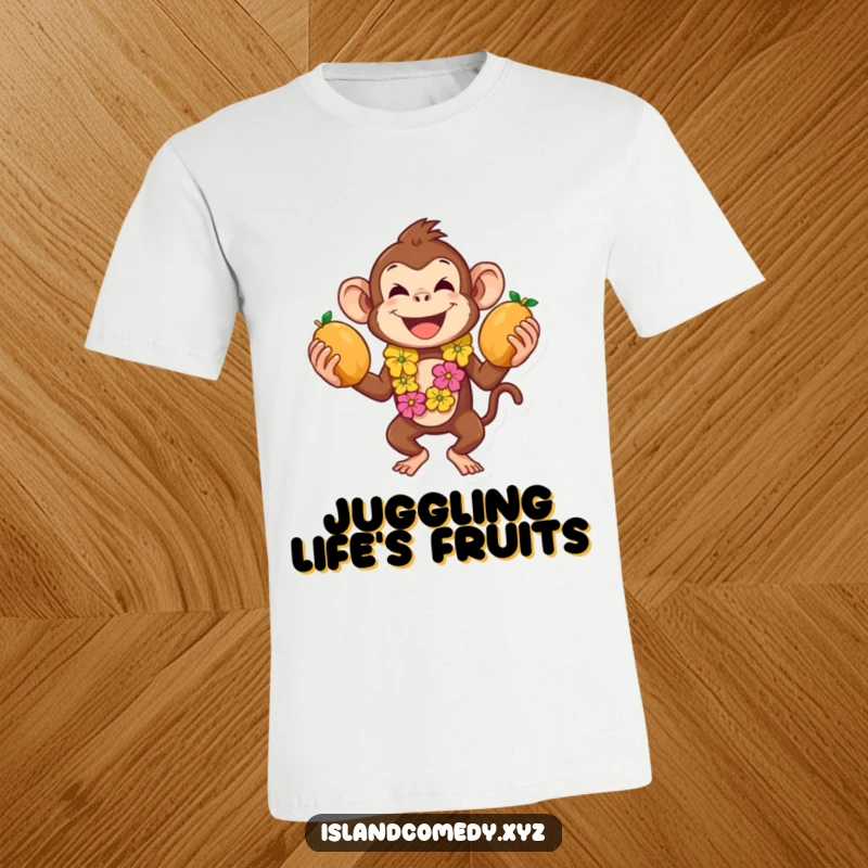 Funny t-shirt with a playful monkey wearing a lei, cheerfully juggling coconuts, perfect for tropical vibes.
