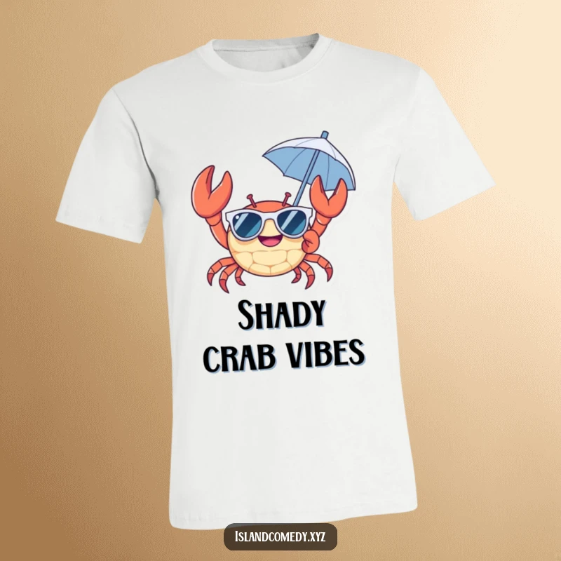 Cheerful crab wearing sunglasses and holding a tiny umbrella t-shirt, a humorous and stylish beach-themed garment.