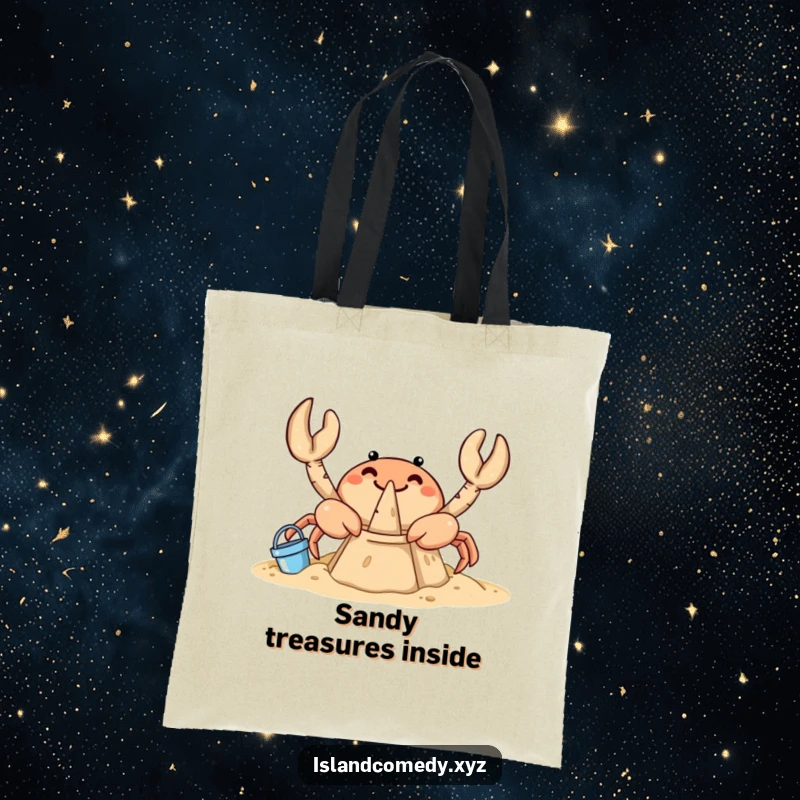 Funny crab tote bag showing a curious crab meticulously building a sandcastle with tiny buckets and a shovel.