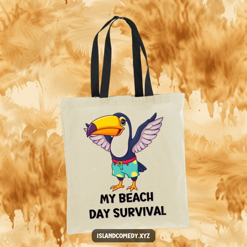 Funny tote bag with a happy toucan wearing colorful beach shorts, flapping its wings, perfect for tropical outings.
