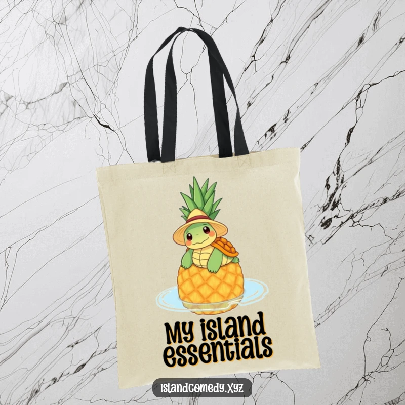 Funny tote bag with a content turtle wearing a straw hat, floating on a pineapple, perfect for relaxed outings.