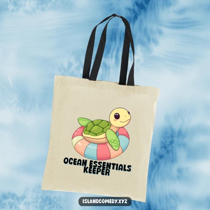 Funny sea turtle happily lounging on a colorful inner tube, a practical and hilarious tote bag for beach trips.